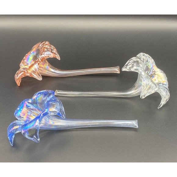 Tiger Lily Flower Vase Art Glass Laying Down 8” Hand Blown Iridescent Set Of 3 - Picture 2 of 8